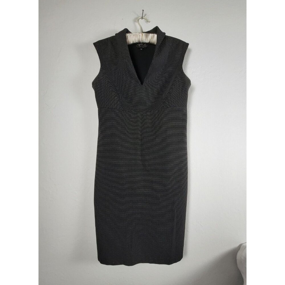 Agnes B. Paris Shawl Collar Sheath Dress Size 2 Black with White Dots Cap Sleeve